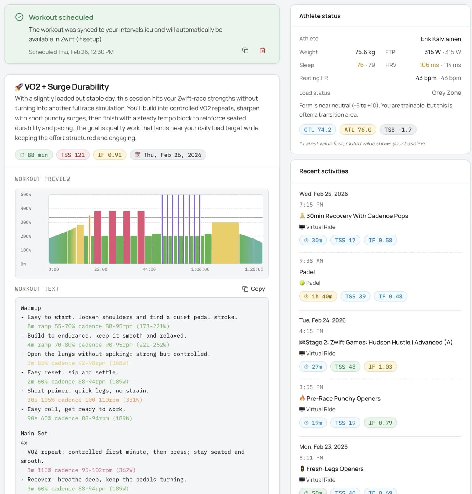 Intervals Agent planner report with workout preview, athlete status, and recent activity context