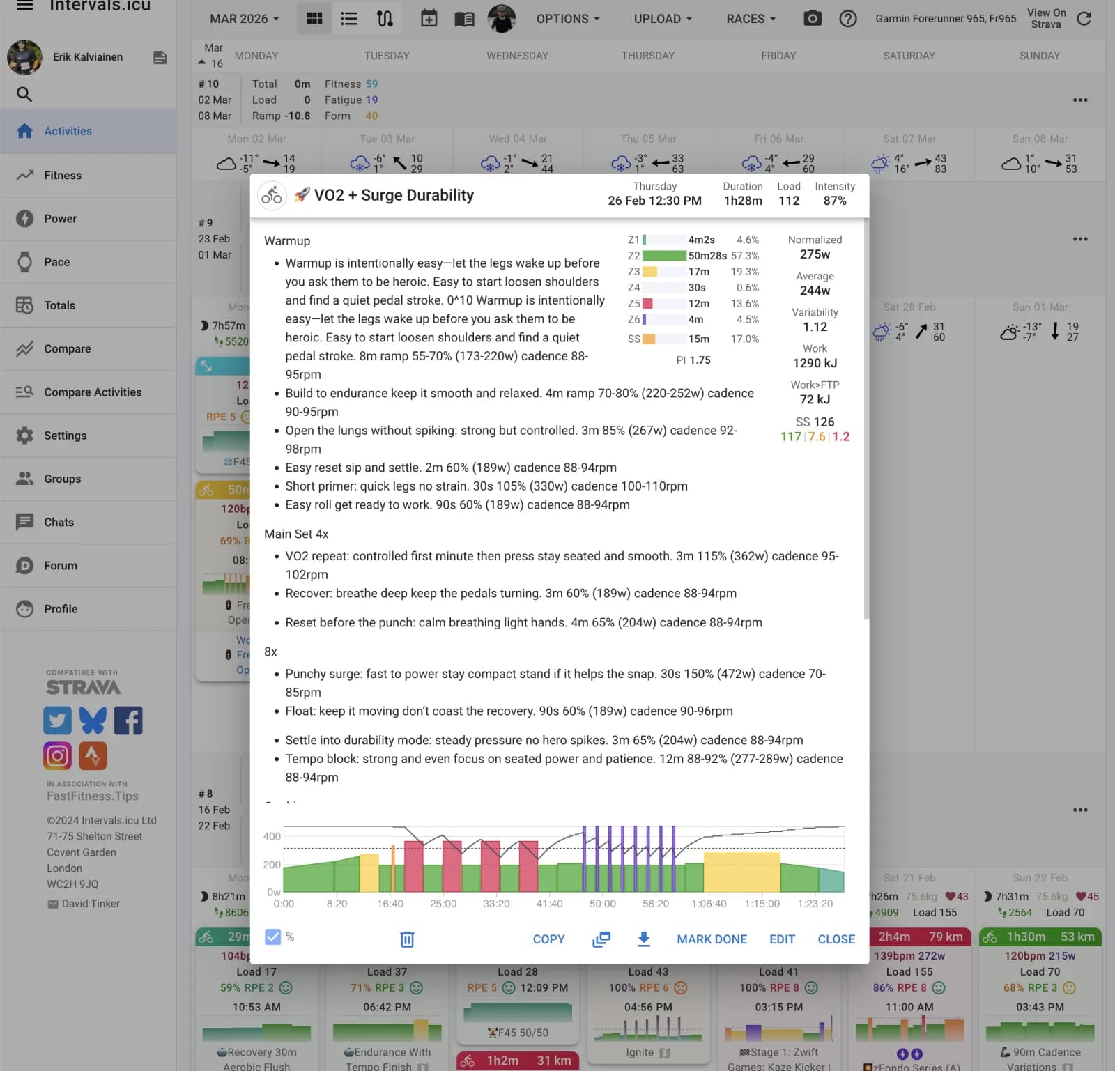Intervals.icu calendar showing a scheduled workout with full interval structure and workout text
