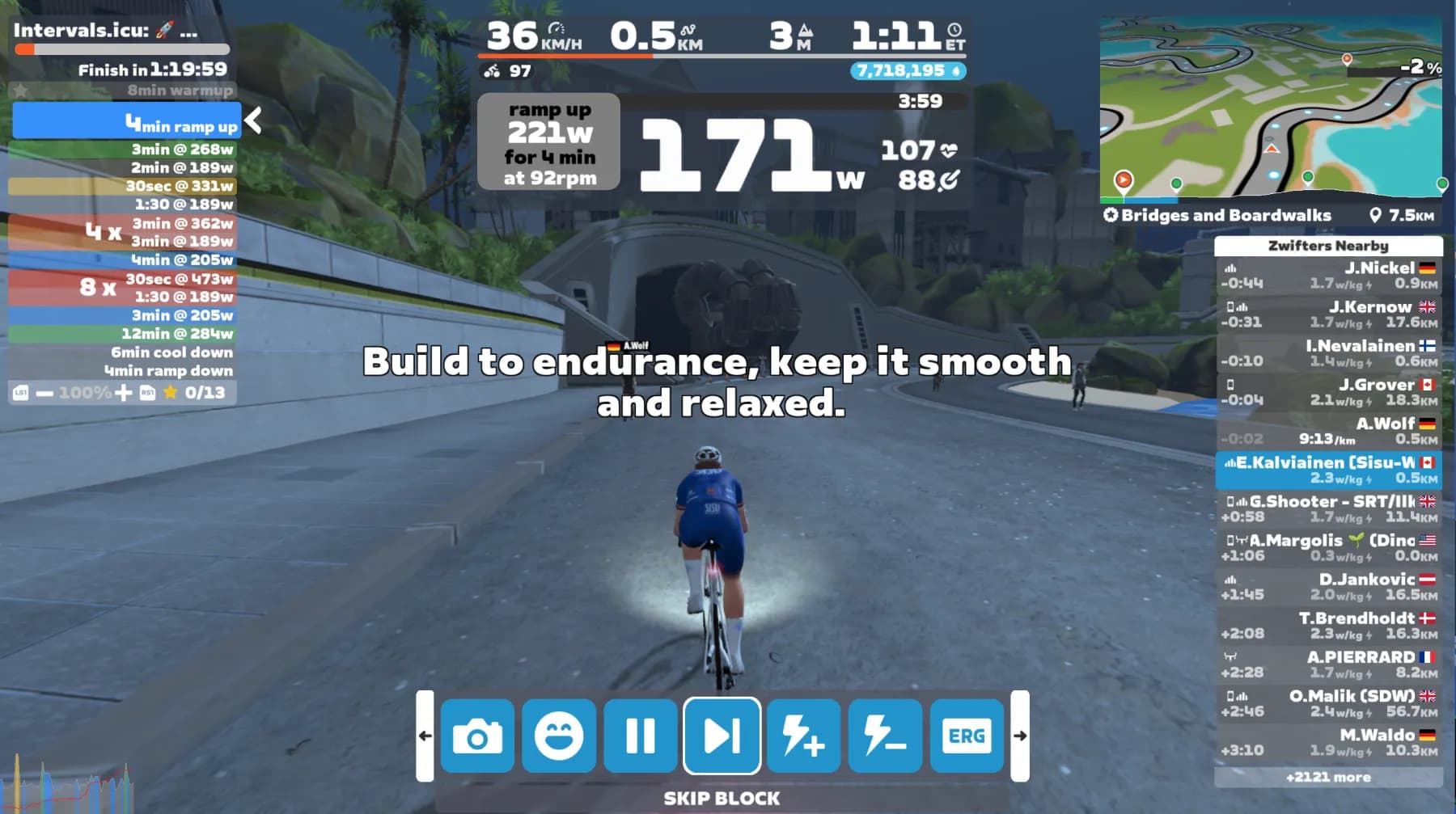 Zwift in-game ride view with active Intervals.icu workout targets and instruction overlay